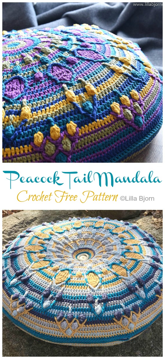 Peacock Tail Mandala Cushion Crochet Free Pattern -Mandala #Pillow; Case #Crochet; Free Patterns