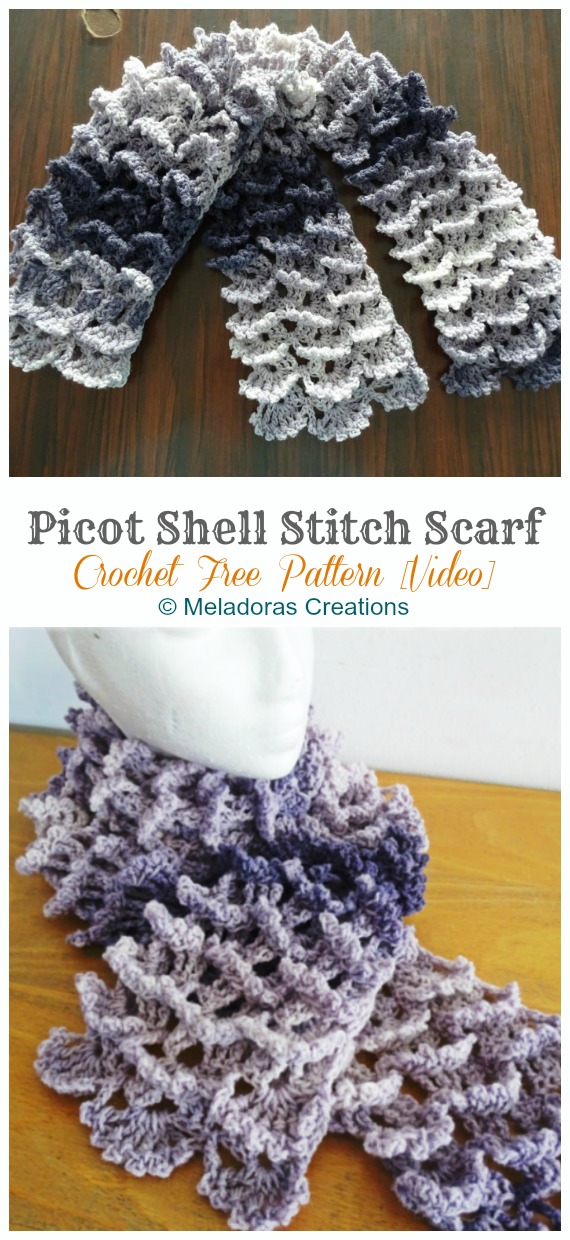 Picot Shell Stitch Scarf Crochet Free Pattern [Video] - Rectangle Long #Scarf; Free #Crochet; Patterns