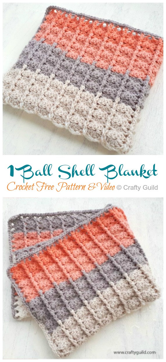 1 Ball Shell Stitch Blanket Crochet Free Pattern [Video] -  - Shell Stitch #Blanket; Free #Crochet; Patterns