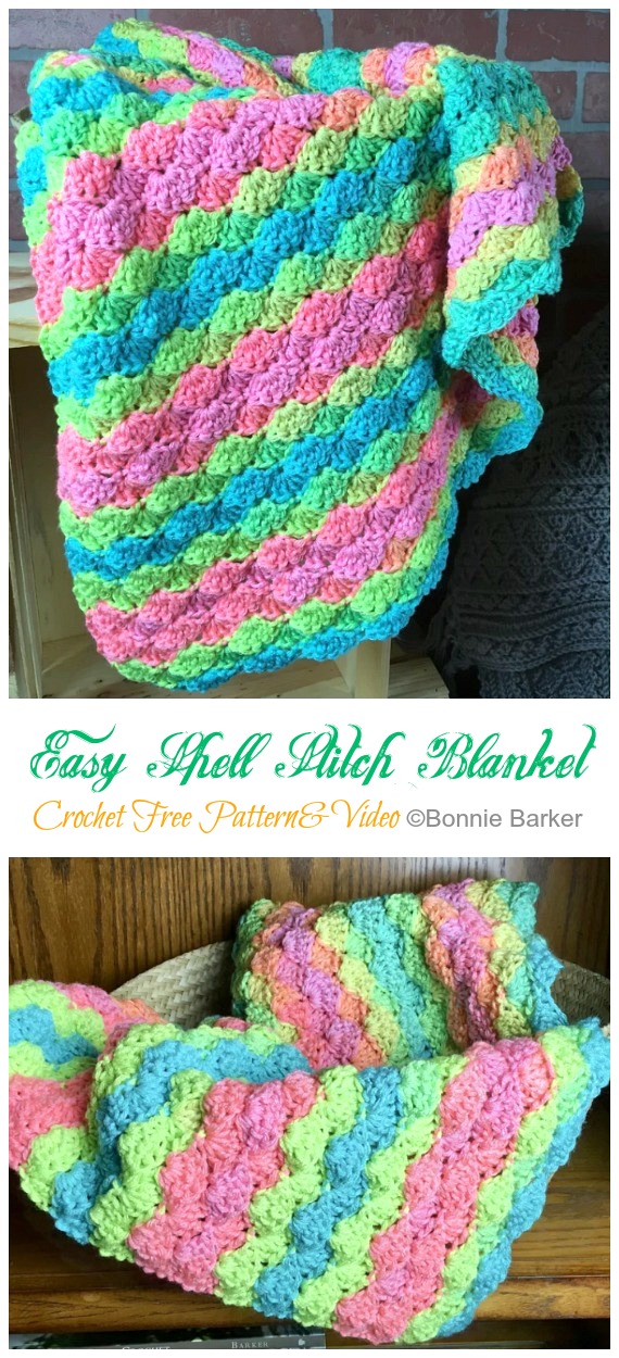 Easy Shell Stitch Blanket Crochet Free Pattern [Video] - Shell Stitch Throw #Blanket; Free #Crochet; Patterns