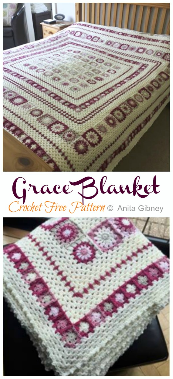 Grace Granny Blanket Crochet Free Pattern- #Granny; Square #Blanket; Free #Crochet; Patterns