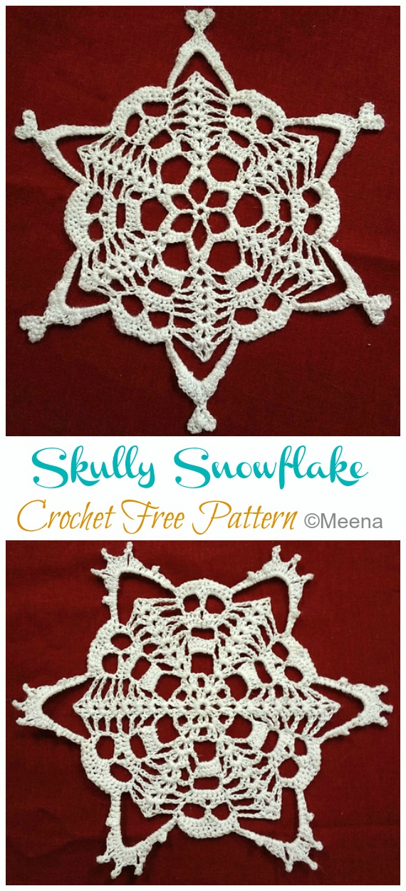 Skull Snowflake Crochet Free Patterns - Snowflake Ornament Free #Crochet; Patterns