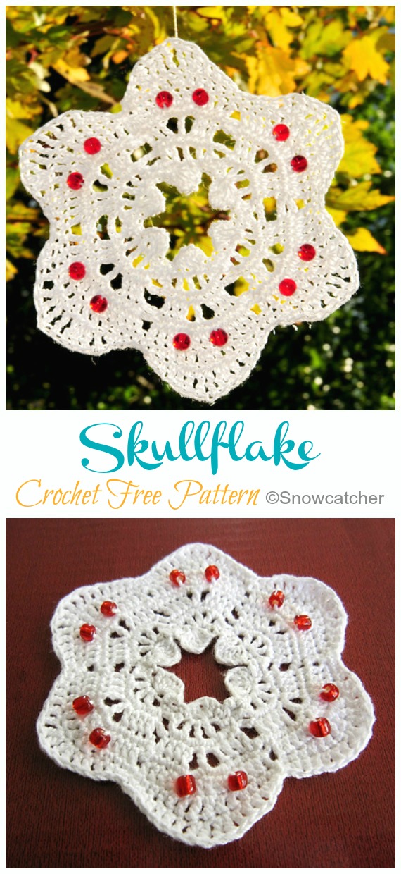 Skull Snowflake Crochet Free Patterns - Snowflake Ornament Free #Crochet; Patterns