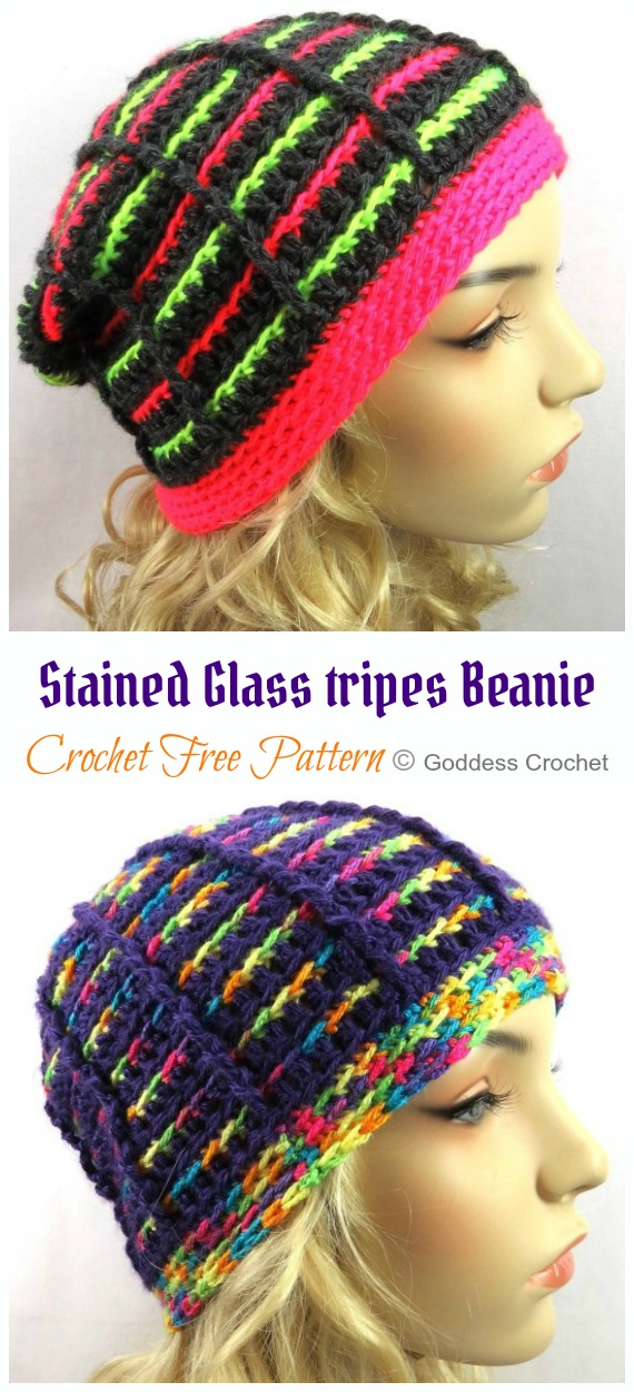 Stained Glass Stripes Beanie Hat Crochet Free Pattern - Slouchy Hat Free #Crochet; Patterns