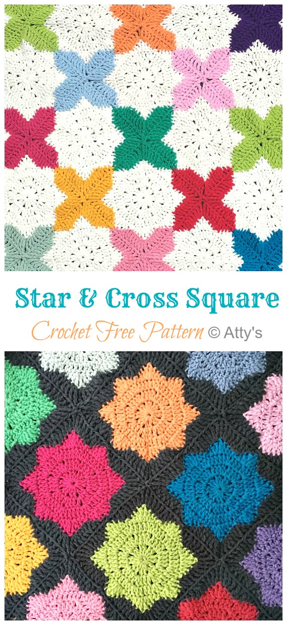 Star and Cross Square Crochet Free Pattern - Granny Square Motif Free #Crochet; Patterns