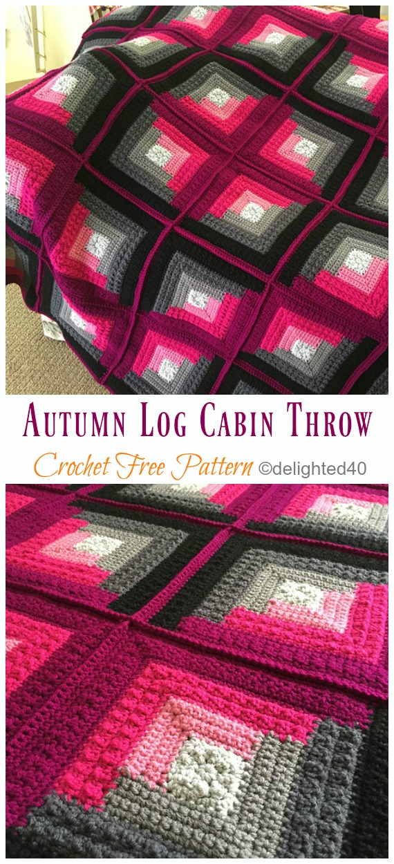 Autumn Log Cabin Throw Blanket Crochet Free Patterns- #Granny; Square #Blanket; Free #Crochet; Patterns