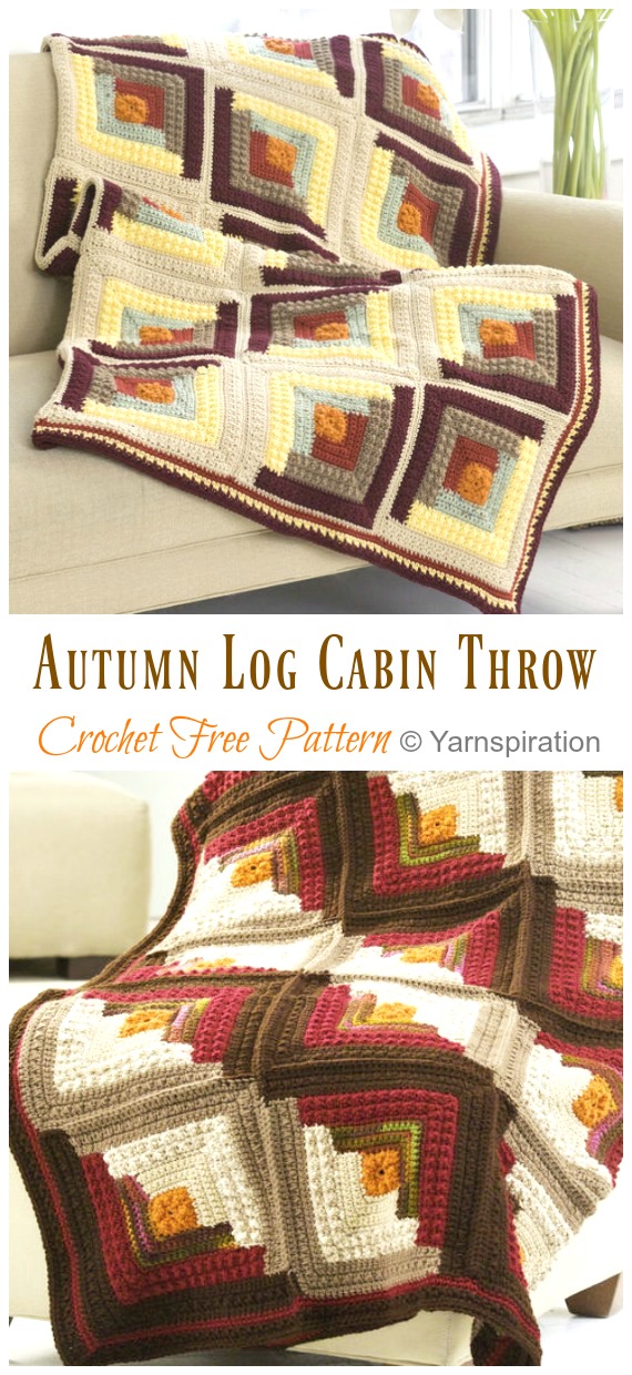 Autumn Log Cabin Throw Blanket Crochet Free Patterns- #Granny; Square #Blanket; Free #Crochet; Patterns