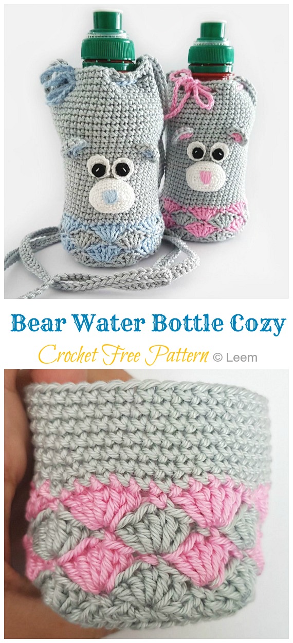 Bear Water Bottle Cozy Crochet Free Pattern - Water Bottle Holder Free #Crochet; Patterns