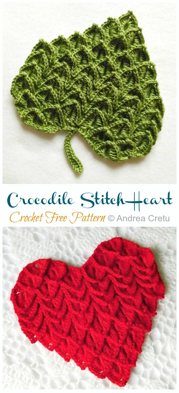 Crocodile Stitch Heart Crochet Free Pattern - #Heart; Motif Free #Crochet; Patterns