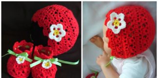 Strawberry Baby Bonnet Booties Set Crochet Free Pattern- Baby #Bonnet; Hat Free #Crochet; Patterns