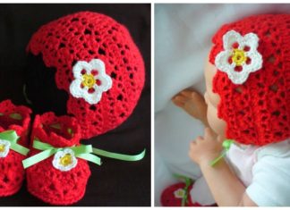 Strawberry Baby Bonnet Booties Set Crochet Free Pattern- Baby #Bonnet; Hat Free #Crochet; Patterns