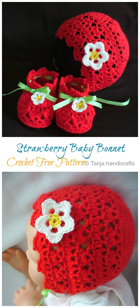 Strawberry Baby Bonnet  Booties Set Crochet Free Pattern- Baby #Bonnet; Hat Free #Crochet; Patterns