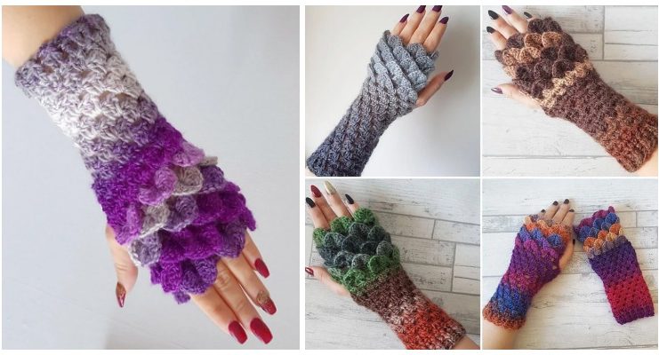 Dragon Scale Fingerless Gloves Crochet Free Pattern - Mitts Fingerless Gloves Free #Crochet; Patterns