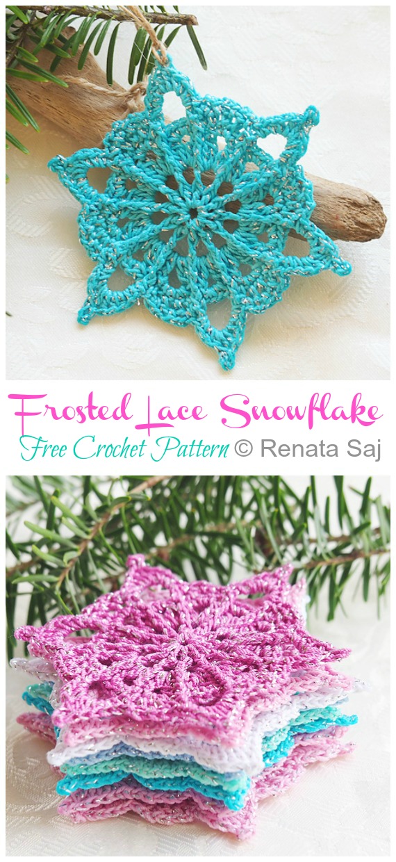 Frosted Lace Snowflake Crochet Free Patterns -  Christmas Snowflake Ornament Free #Crochet; Patterns