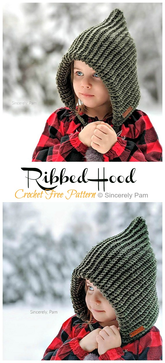 Ribbed Hood Crochet Free Pattern - Hooded #Hat; Free #Crochet; Patterns