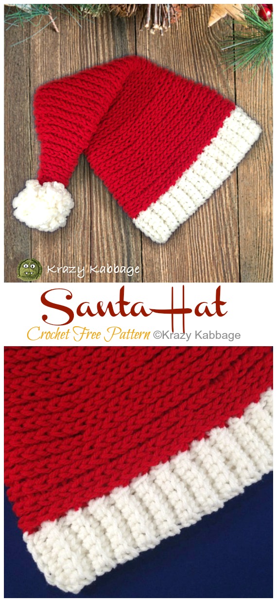 Spiral Ribbed Santa Hat Crochet Free Pattern - #Christmas; Hat Free #Crochet; Patterns