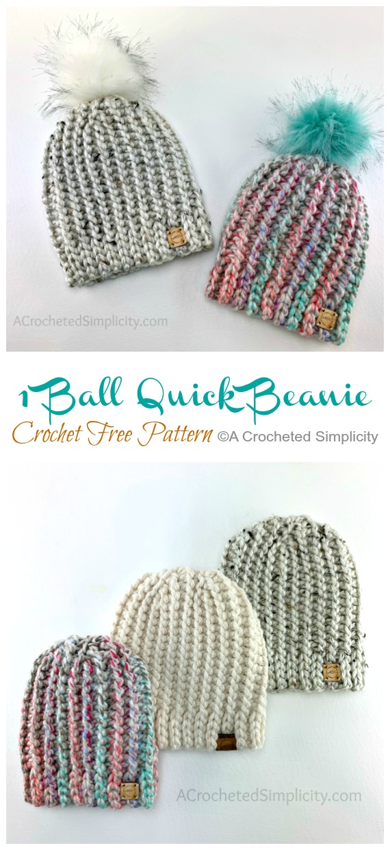 1 Ball Yarn Quick Beanie Crochet Free Pattern - Adult Beanie #Hat; #Crochet; Free Patterns