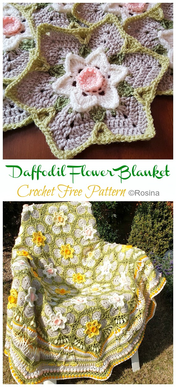 Daffodil Flower Blanket Crochet Free Pattern - #Flower; Blankets Free #Crochet; Patterns