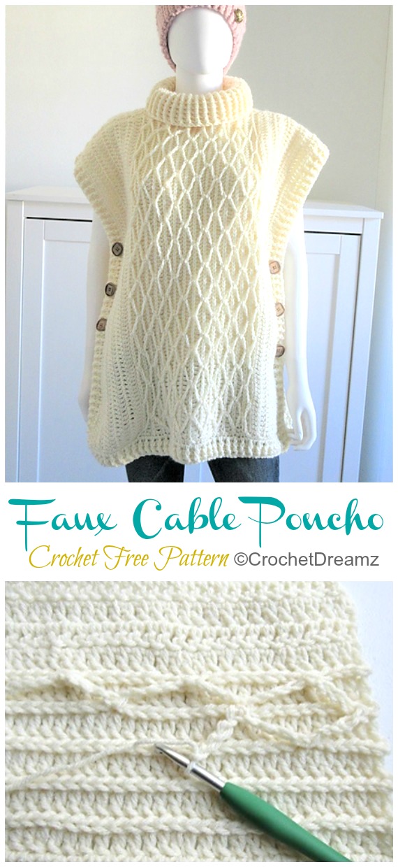 Faux Cable Poncho Crochet Free Pattern - Women #Poncho; Free #Crochet; Patterns