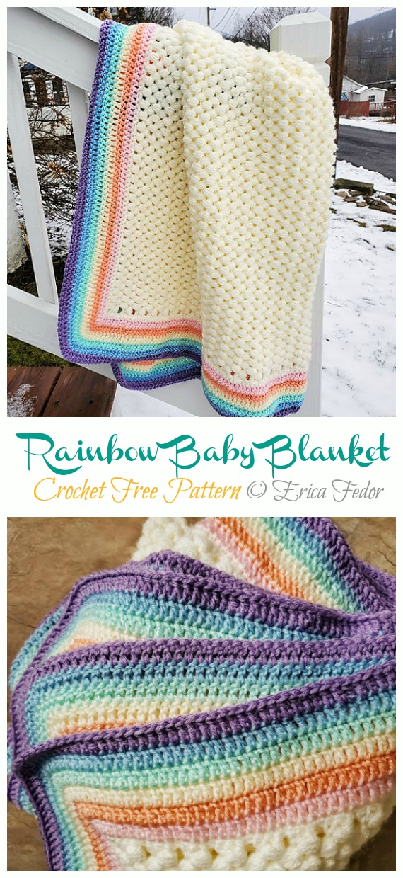 Rainbow Edged Puff Blanket Crochet Free Pattern - #Granny; Square #Blanket; Free #Crochet; Patterns