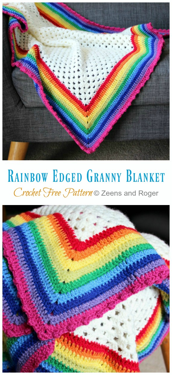 Rainbow Edged Granny Blanket Crochet Free Pattern - #Granny; Square #Blanket; Free #Crochet; Patterns