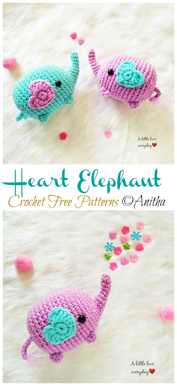 Tiny Heart Elephant Crochet Free Pattern  - #Amigurumi; #Elephant; Free Crochet Patterns