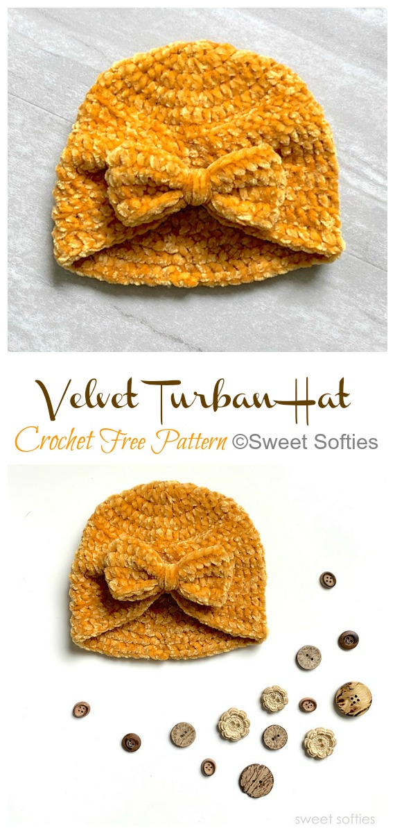 Velvet Baby Bow Turban Hat Crochet Free Patterns - Baby #Beanie; Hat Free #Crochet; Patterns