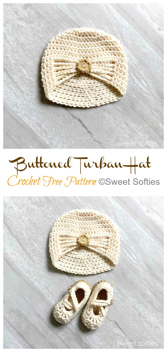 Baby Buttoned Turban Hat Crochet Free Patterns - Baby #Beanie; Hat Free #Crochet; Patterns