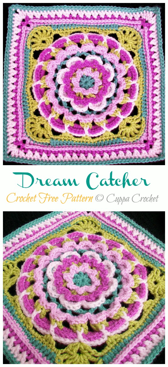 Dream Catcher Square Block Crochet Free Pattern - Afghan #Block; Square Free #Crochet; Patterns