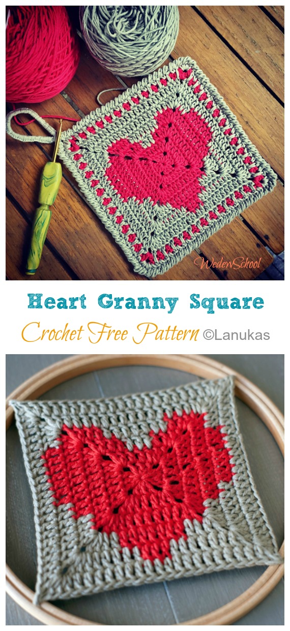 Heart Granny Square Crochet Free Pattern  - Granny Square Motif Free #Crochet; Patterns