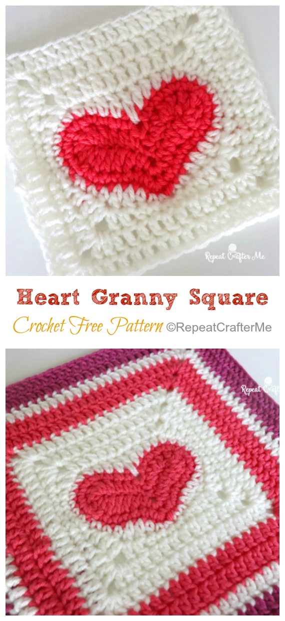 Heart Granny Square Crochet Free Pattern  - Granny Square Motif Free #Crochet; Patterns