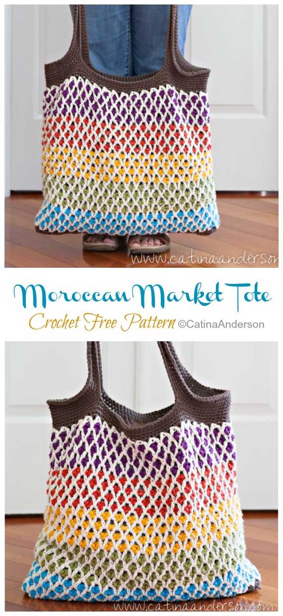 Moroccan Market Tote Bag Crochet Free Pattern- #Crochet; Market Grocery #Bag;Free Patterns