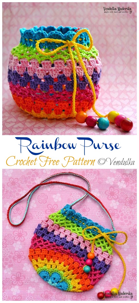 Rainbow Purse Crochet Free Pattern - Drawstring Bag Free #Crochet; Patterns