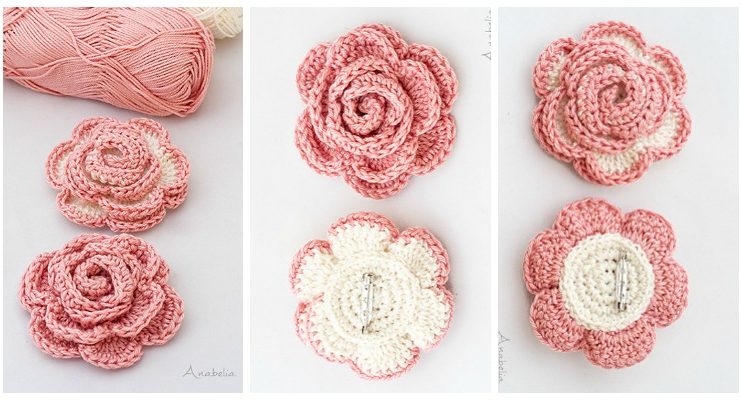 Romantic Rose Brooch Crochet Free Pattern - 3D Rose Flower Free #Crochet; Patterns