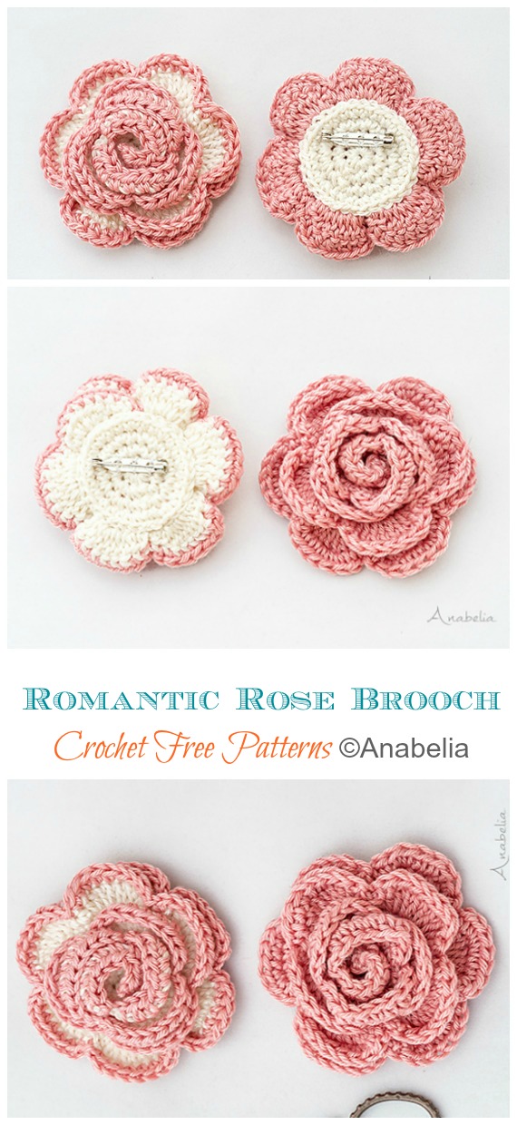 Romantic Rose Brooch Crochet Free Pattern - 3D Rose Flower Free #Crochet; Patterns