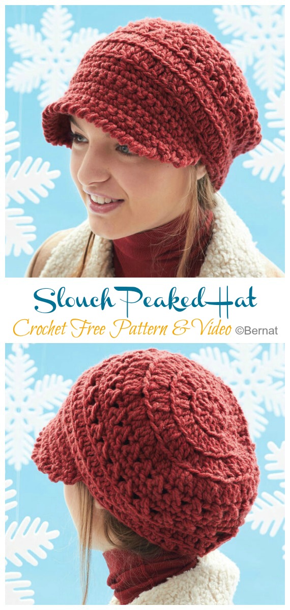 Slouch Peaked Hat Crochet Free Pattern [Video] - Women #Cap; #Hat; Free #Crochet; Patterns