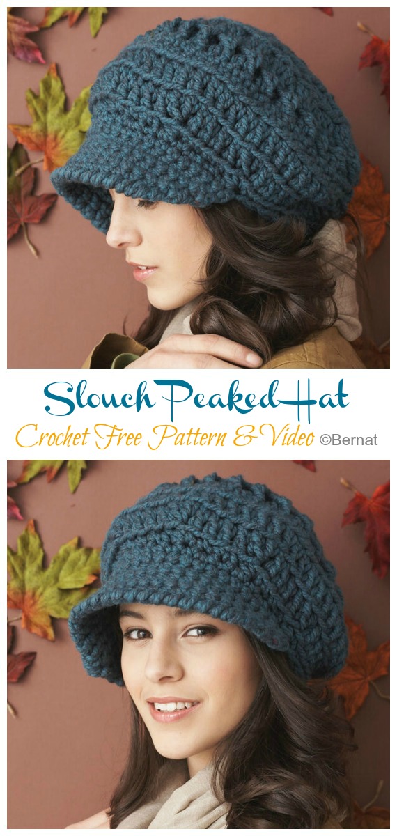 Slouch Peaked Hat Crochet Free Pattern [Video] - Women #Cap; #Hat; Free #Crochet; Patterns