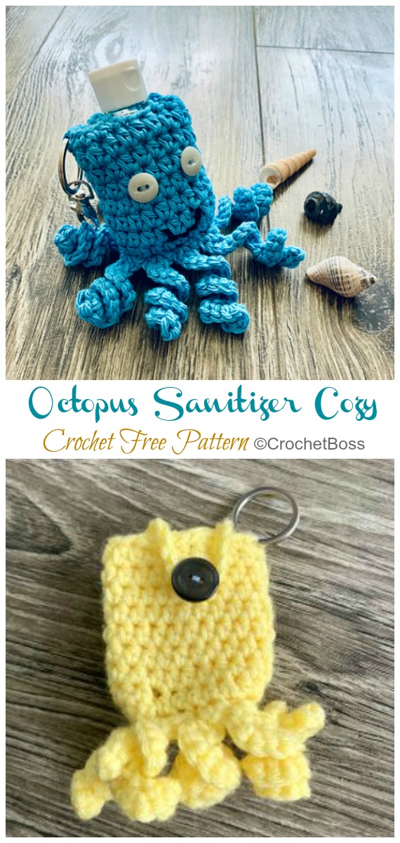 Little Octopus Hand Sanitizer Keychain Cozy Crochet Free Patterns - Quick Scrap Yarn #Crochet; Free Patterns