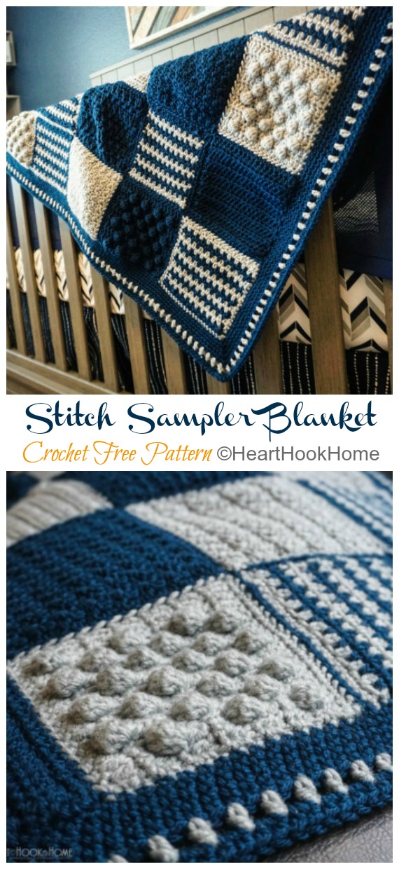 Stitch Sampler Blanket Crochet Free Pattern - #Granny; Square #Blanket; Free #Crochet; Patterns