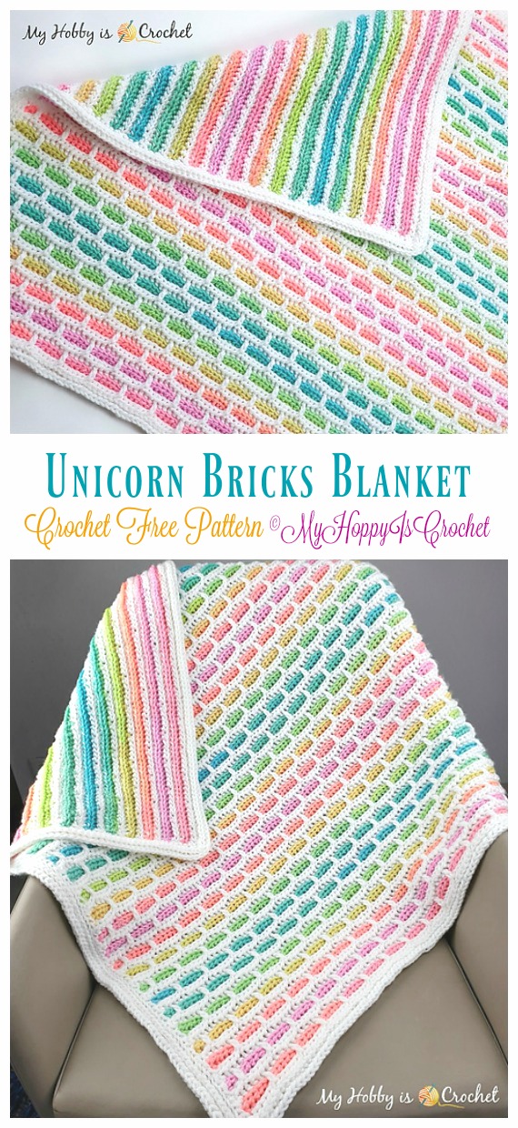 Unicorn Bricks Baby Blanket Crochet Free Pattern- Block #Blanket; Free Crochet Patterns