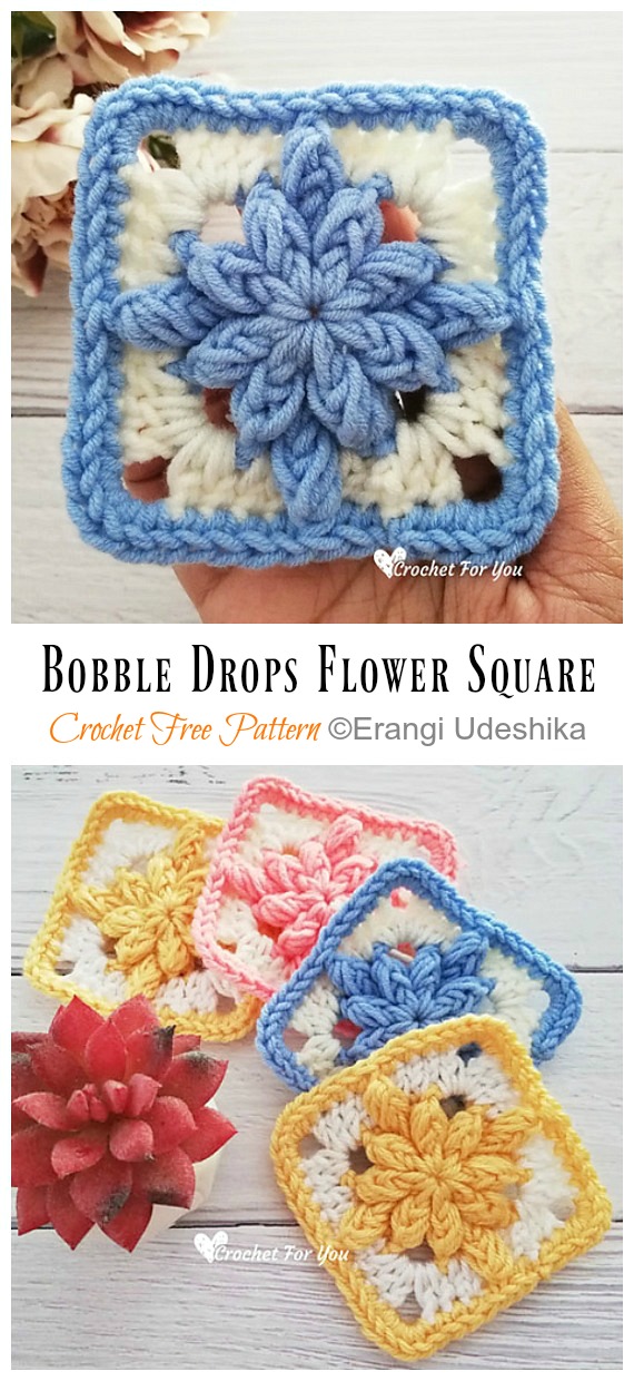 Bobble Drops Flower Granny Square Crochet Free Pattern - #Granny; Square #Blanket; Free #Crochet; Patterns