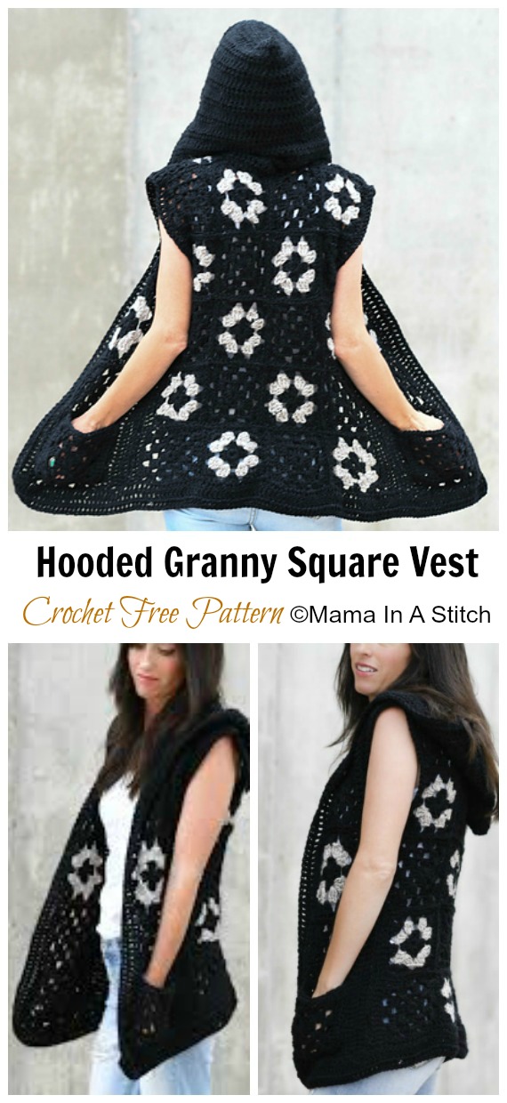 Hooded Granny Square Vest Free Crochet Pattern - Sweater #Vest; #Crochet; Free Patterns