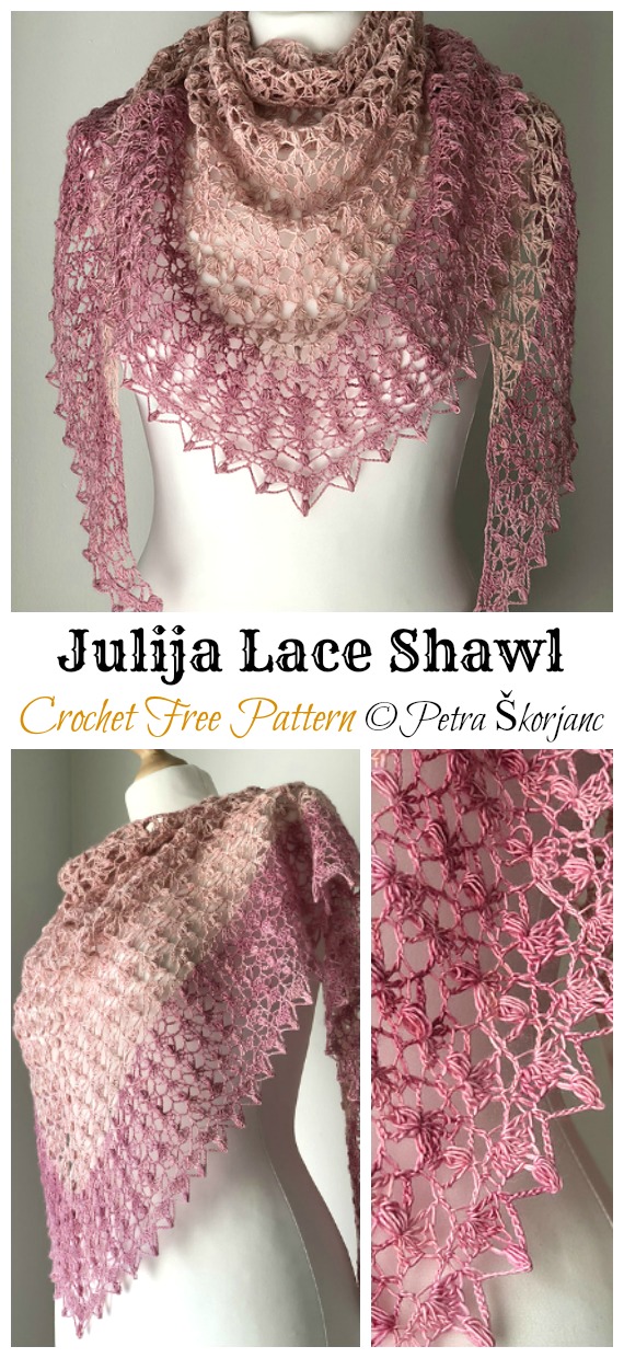 Julija Lace Shawl Crochet Free Pattern - Women Lace #Shawl; Free #Crochet; Patterns