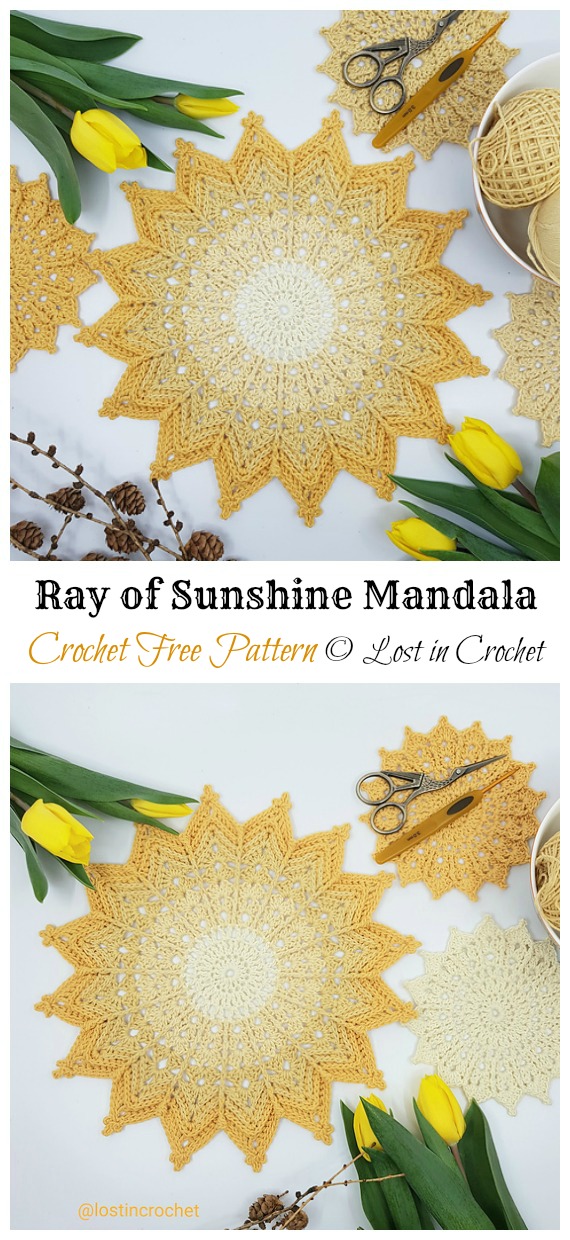 Ray of Sunshine Mandala Crochet Free Pattern- Decorative #Doily; Free #Crochet; Patterns