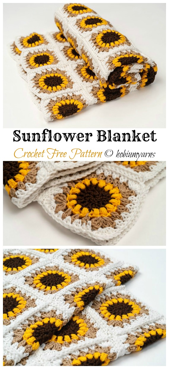 Sunflower Blanket Crochet Free Pattern - #Granny; Square #Blanket; Free #Crochet; Patterns