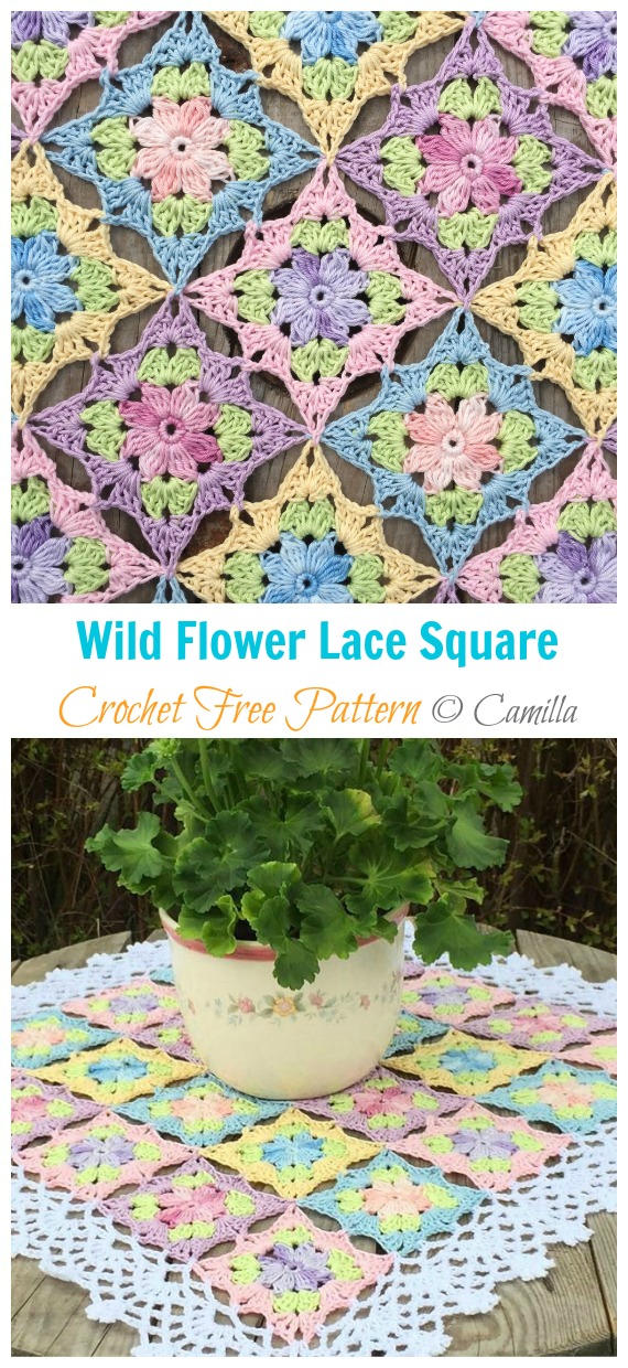 Wild Flower Lace Square Crochet Free Pattern - #Granny; Square #Blanket; Free #Crochet; Patterns