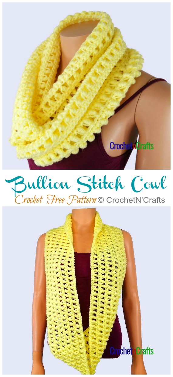 Bullion Stitch Cowl Crochet Free Pattern - Women #Cowl; Free #Crochet; Pattern
