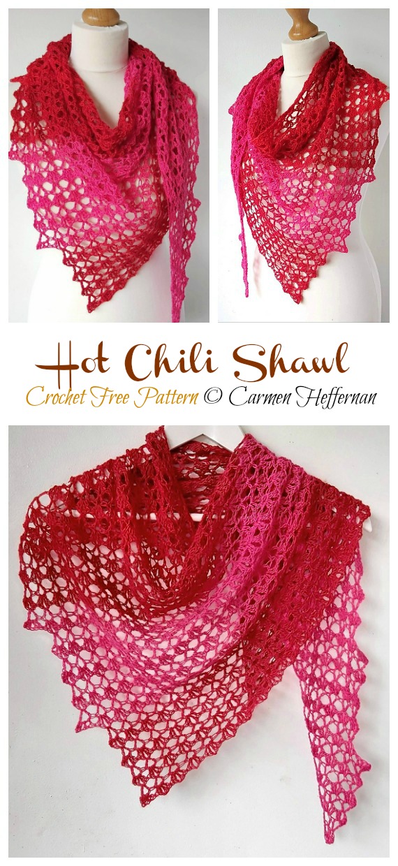 Hot Chili Lace Shawl Crochet Free Pattern - Women Lace #Shawl; Free #Crochet; Patterns