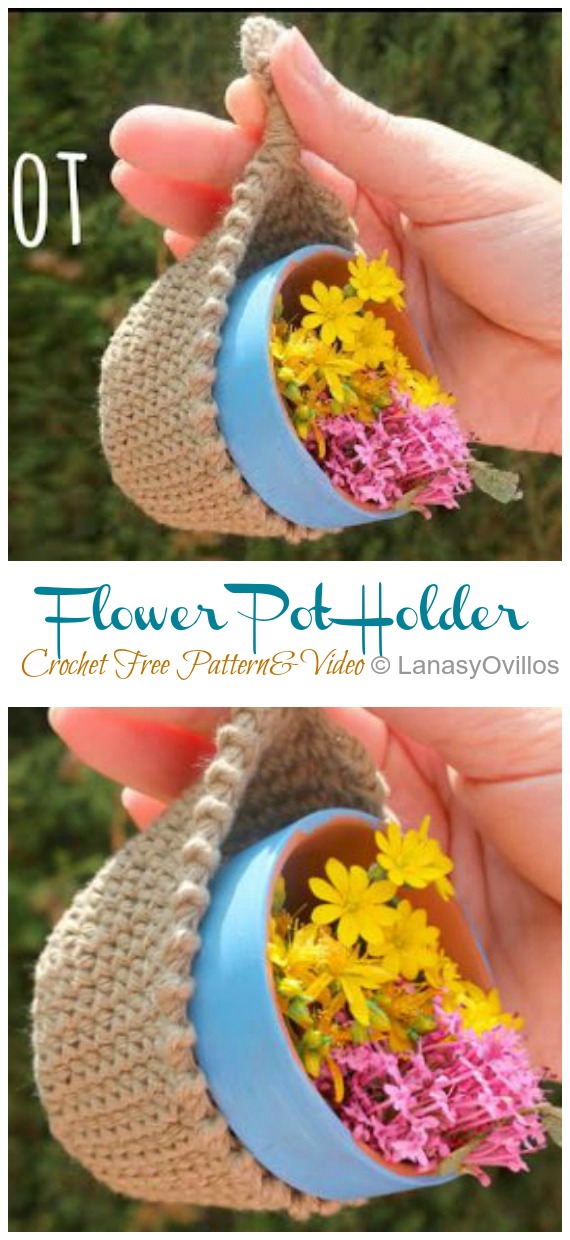 Flower Pot Holder Crochet Free Pattern&Video - - Hanging #Basket; Free #Crochet; Patterns