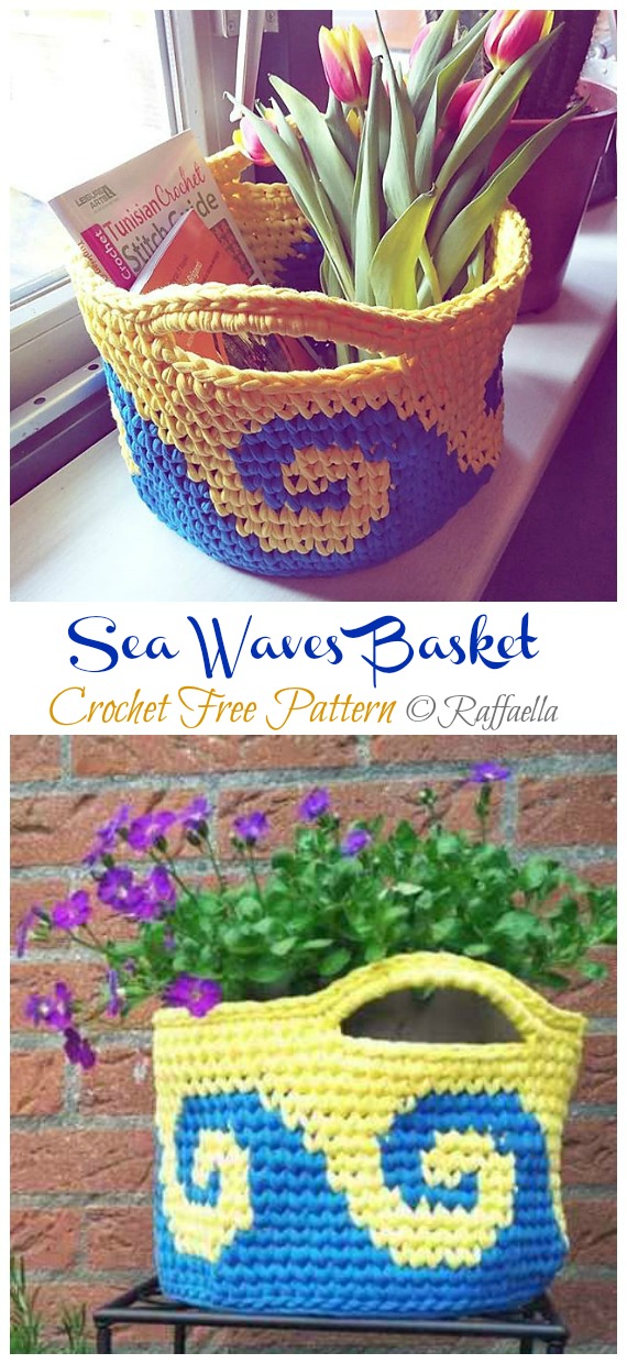 Sea Waves Basket Crochet Free Pattern- Storage #Basket; Free #Crochet; Patterns